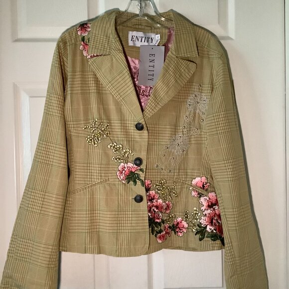 NWT Entity Floral Embroidered Blazer XL Plaid Statement Jacket Beaded - Picture 8 of 8